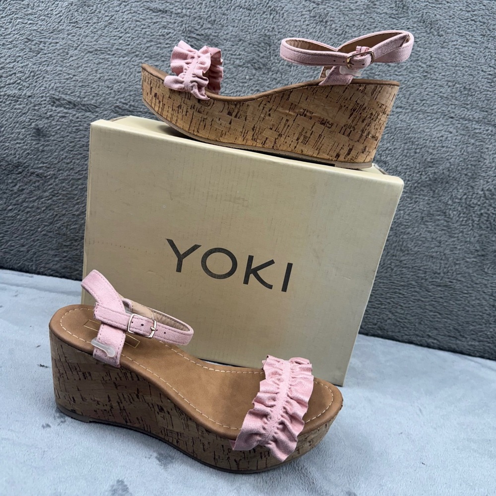 Yoki Carrin-40 Blush Pink Ruffle Cork Wedge Platform Sandals Womens 7.5‎